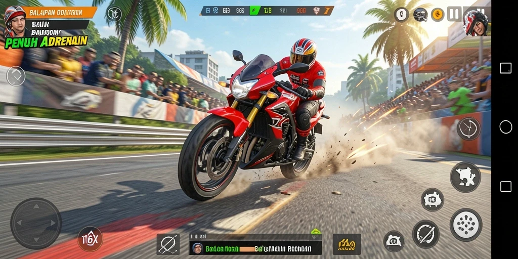 Tampilan gameplay 116X dengan aksi balapan motor nyata.