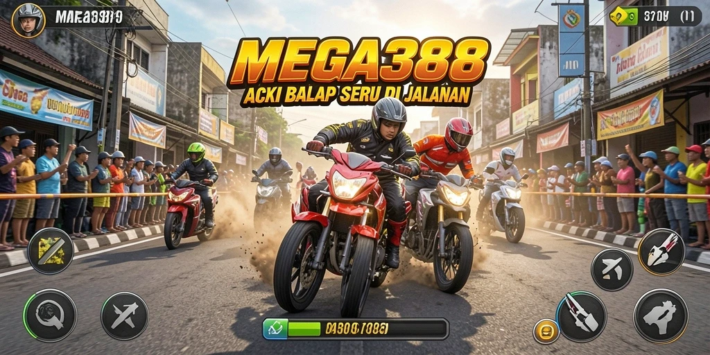 Screenshot gameplay MEGA388 menunjukkan balapan yang seru dan menegangkan.