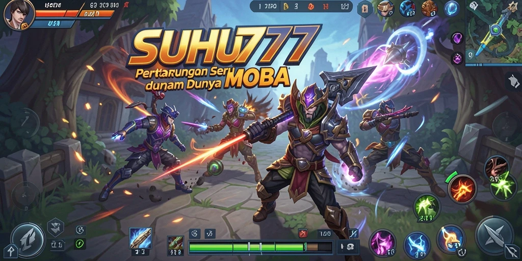 Tampilan gameplay SUHU777 yang penuh aksi dan strategi dalam pertarungan MOBA.