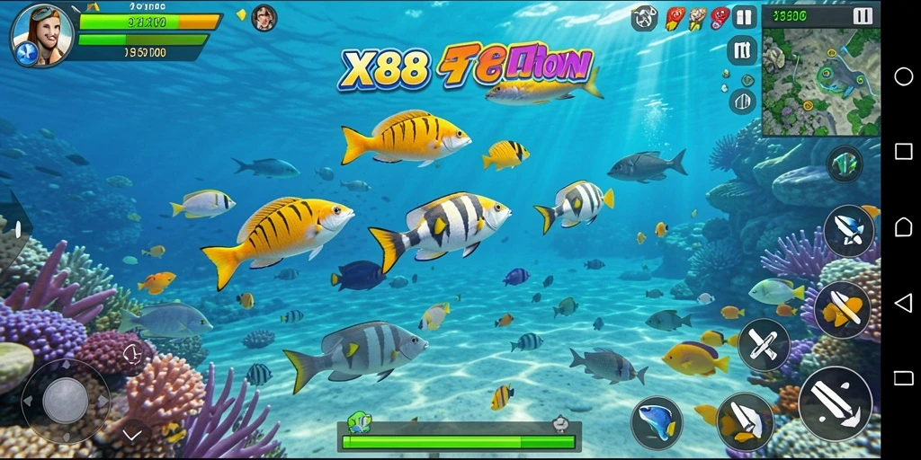 Tampilan gameplay X88 menampilkan aksi menembak ikan yang seru.